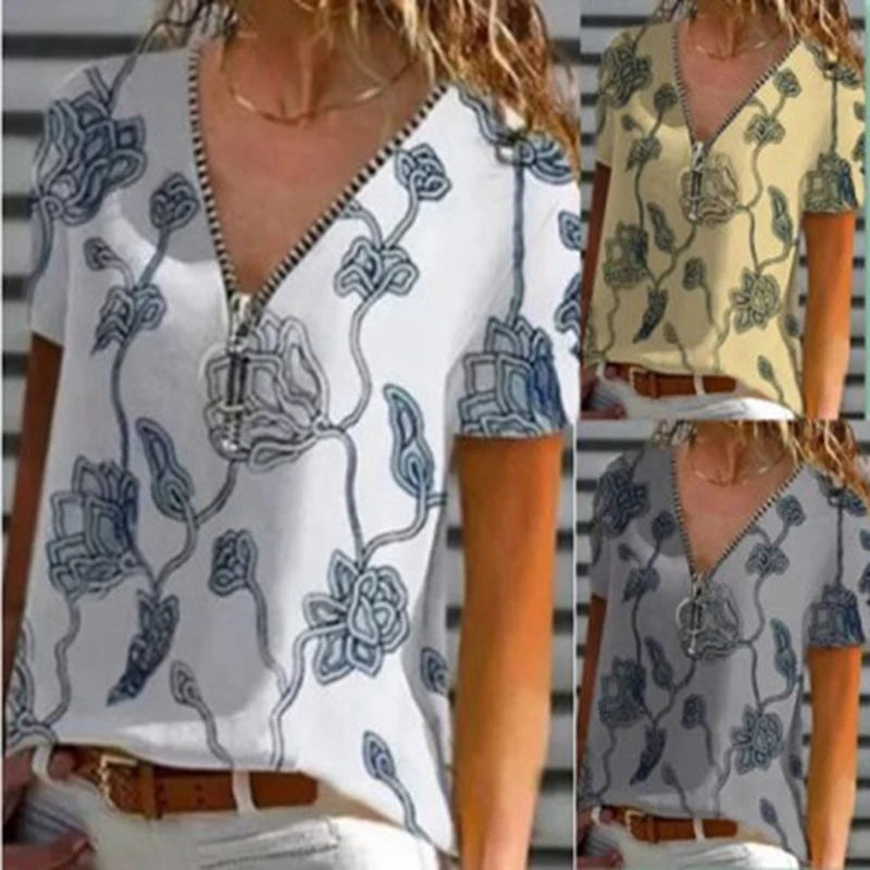 

Women Tops T-Shirts Autumn Elegant Short Sleeve Print V-Neck Female Work Zipper Shirts Tops Mujer Blusa clothes