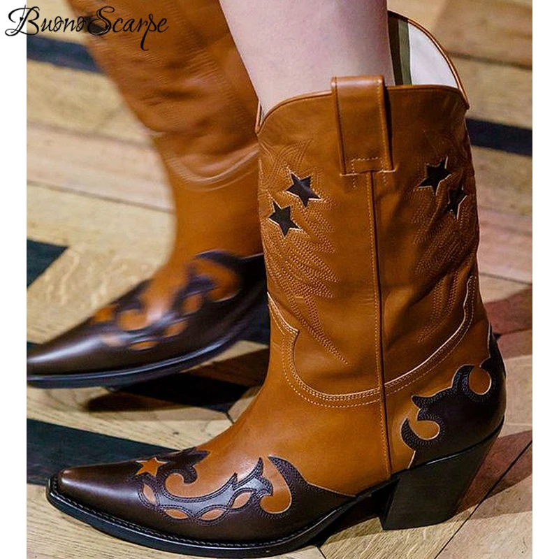 Buono Scarpe Western Women's Boots Embrodery Boots Cowboy Fretwork Retro Botas Fenimina Genuine Leather Stars Runway Women Boots