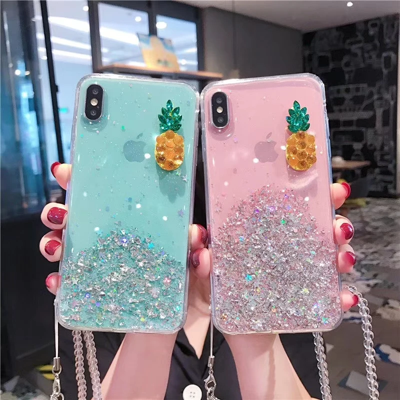 

Soft Silicone Case For iPhone X XS MAX 6 8 Plus for Samsung S9 S8 S10 Plus Note 8 9 10 Pro Pineapple Bling Sequins Glitter Cover