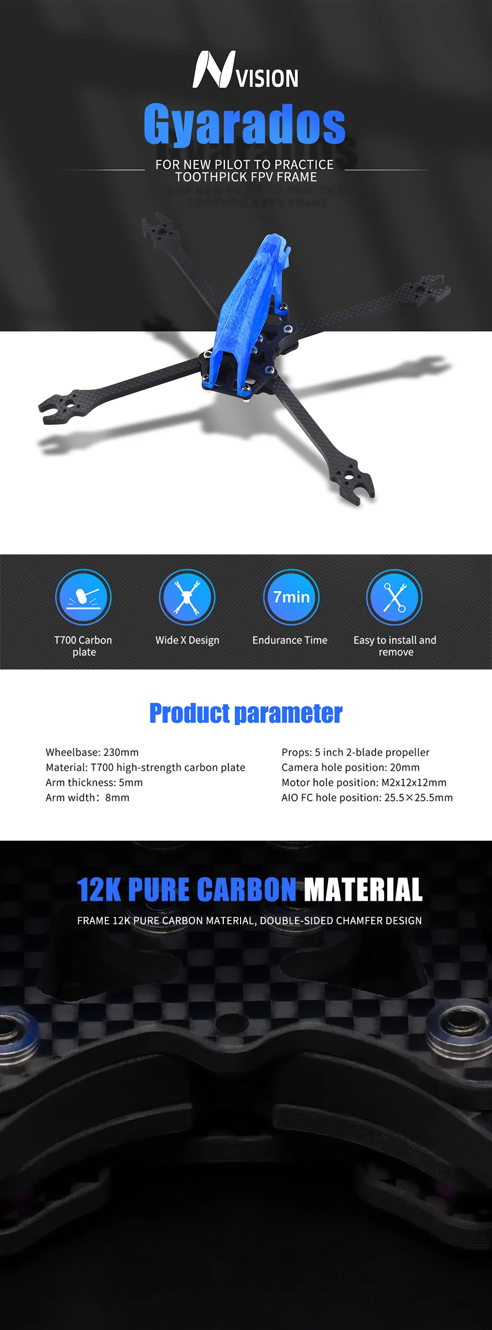 5inch FPV Frame Kit - Gyarados 230mm fpv frame 5inch toothpick T700 carbon fiber fpv racing drone frame kit for novice RC Racing Drone 7