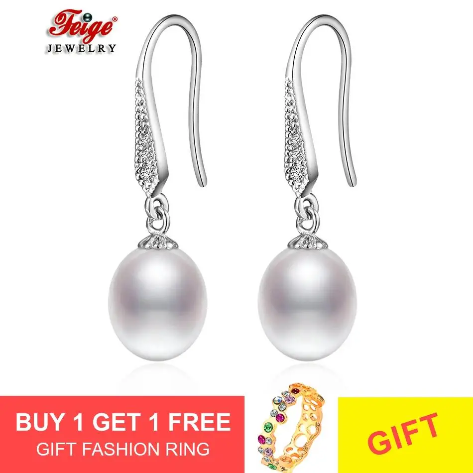 

FEIGE Classic Natural Pearl Earrings for Women 8-9MM White Freshwater Pearl Dangle Earring Party Gifts Fine Jewelry Dropshipping