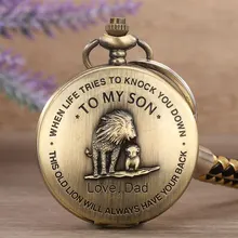 Men's Lion To My Son Pattern Pocket Watches Exquisite Bronze Quartz Pocket Watch Chain Clock Gifts for Boy Reloj Hombre