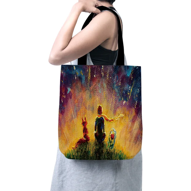 Cartoon Little Prince Women Canvas Shopper Bag with Handle Funny Eco Foldable Reusable Tote Bag Book Key Phone Shopping Bag style9