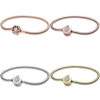 

Rose Gold Moments Fan Sparkling Crown O Clasp Snake Chain Bracelet Bangle Fit 925 Sterling Silver Bead Charm Diy Europe Jewelry