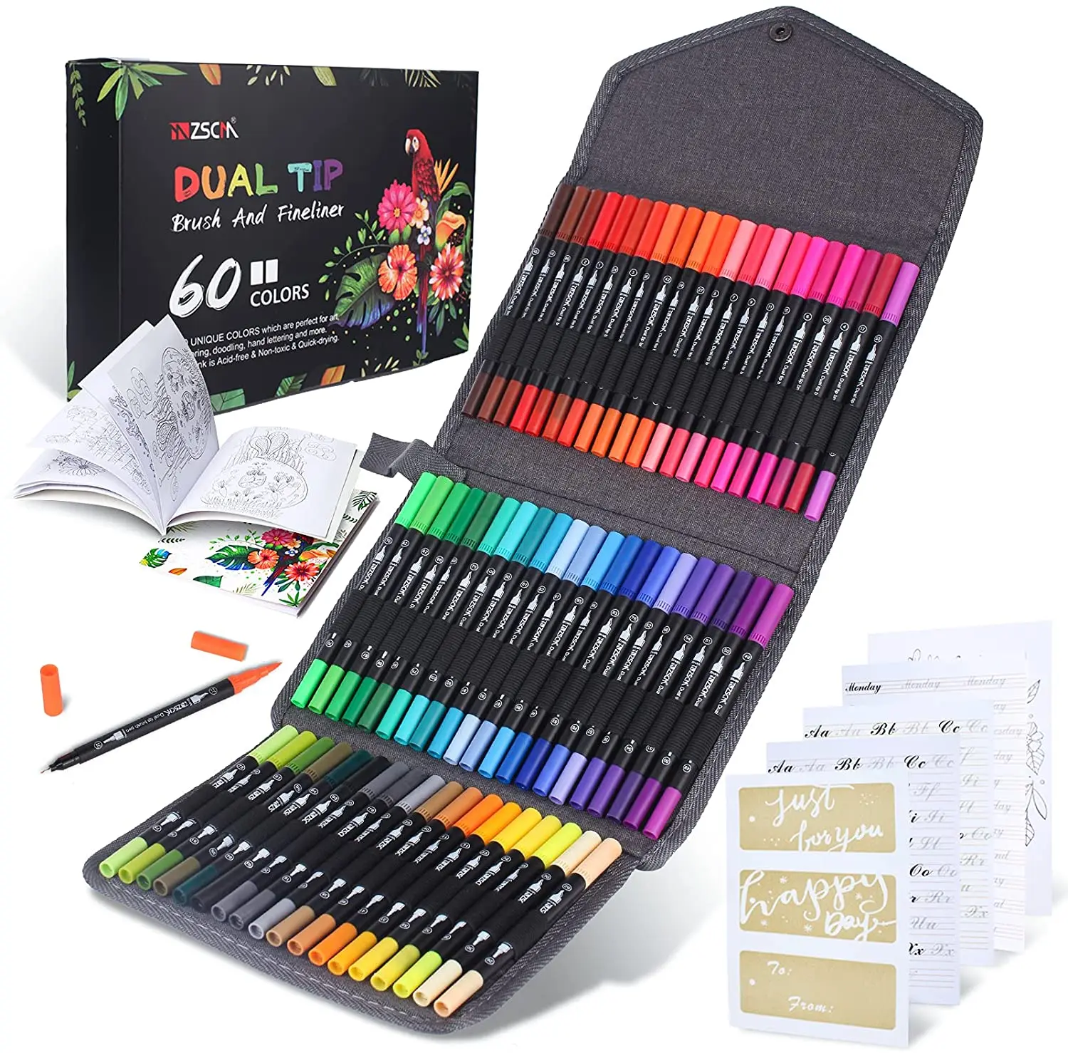 ZSCM Dual Brush Coloring Pens 60 Colors Art Markers Fine & Brush Tip Pen  for Kids Adults Coloring Book Bullet Journals Planner
