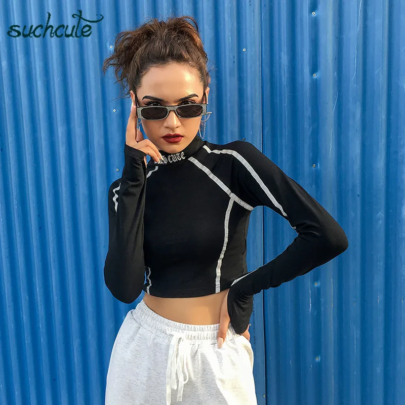 SUCHCUTE/женская футболка с буквенным принтом, светоотражающая, Modis Longslive, уличная одежда, повседневные черные рубашки,, корейский стиль, топы для женщин