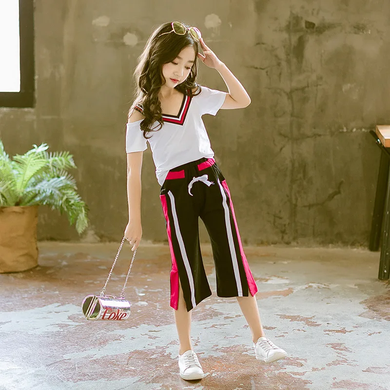 Летние комплекты одежды для девочек 2020 Детская футболка + широкие штаны костюмы