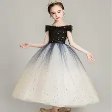 Фатиновое платье цвета шампанского с блестками и цветочным узором для девочек; пышная одежда принцессы с длинными рукавами для свадьбы; платье подружки невесты для дня рождения; бальное платье