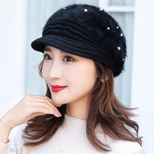 HT2909 береты, Толстая теплая зимняя шапка, женская шапка из меха кролика с жемчугом, флисовая подкладка, кепка Newsboy, женская вязаная шапка, модная женская шапка-берет