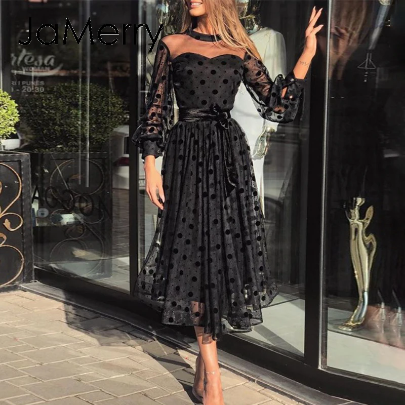 JaMerry Hollow out polka dot lace dress women Mesh Through party dress Ladies elegant sash summer spring black dress Vestidos
