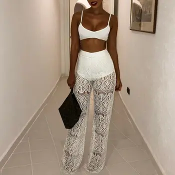 

Women Summer Floral Lace Mesh Spliced High Waist Sheer Cover-Ups Pants Beachwear Long Wide Leg Cover-Up Trousers