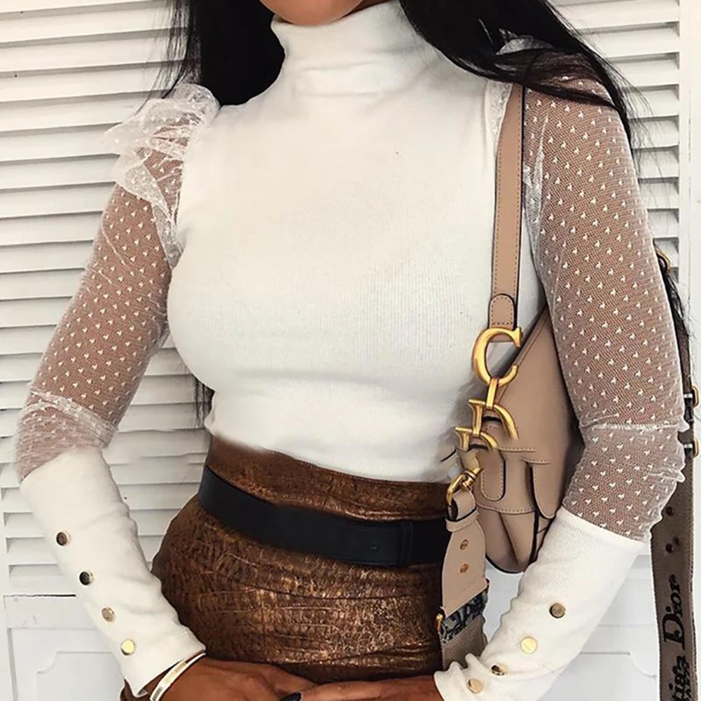 Plus Size White Black Lace Polka Dots T Shirt Fashion Women Tops and 2020 New Spring Summer Female OL Camiseta | Женская одежда