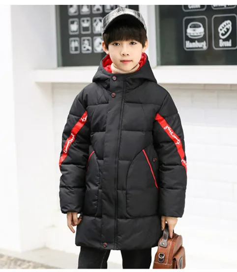 Русские зимние пальто для больших мальчиков, куртка детская зимняя одежда для детей, зимняя одежда для мальчиков теплое пальто с капюшоном для подростков от 5 до 14 лет - Цвет: Черный