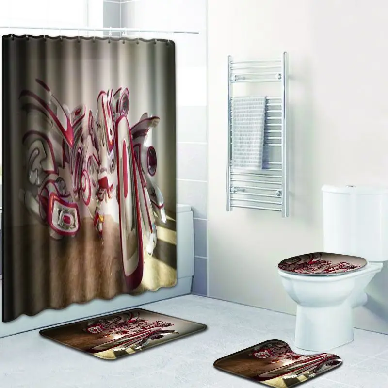 

Shower Curtain Waterproof Polyester Bathroom Curtain Pedestal Rug Lid Toilet Cover Mat Bath Mat with 12 Hooks Home Decor Gifts