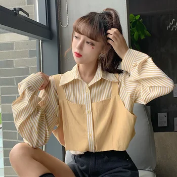 

L New Style INS Stripes Mock Two-Piece Waistcoat Shirt Tops Women