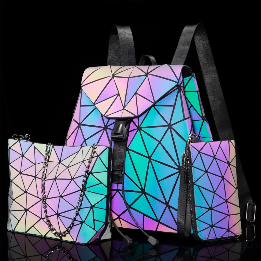 Женский рюкзак школьный рюкзак для девочек складная сумка через плечо для женщин сумка комплект из 3 предметов клатч и кошелек Геометрическая Сумка светящийся цвет