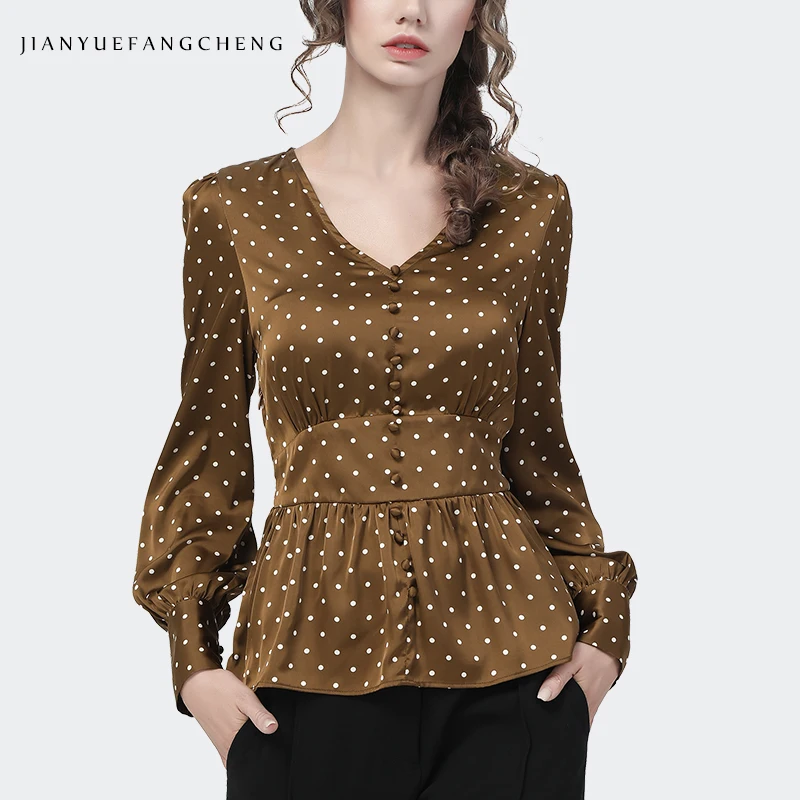 

Office Ladies Satin Blouse Fashion Brown Polka Dots V-Neck Tops Elastic Waist Long Sleeve Tunic Shirt Elegant Slim Autumn New