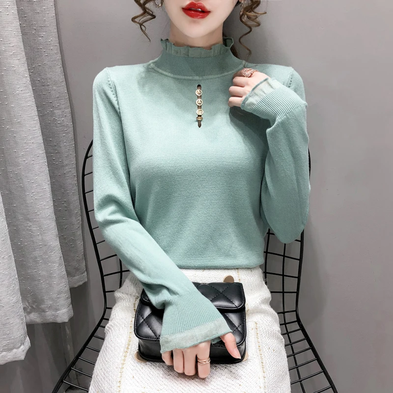 

2020 Autumn Winter New Women Sweater Mock Neck Long Sleeve Lace Edge Pullover Viscose Knitting Slim Based Top High Quality