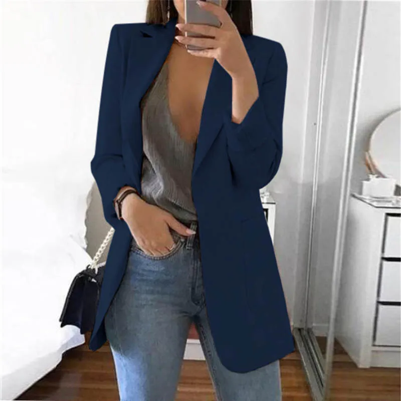 Dark blue Elsvios 5XL Женская Осенняя деловая куртка весенний офисный женский узкий пальто Верхняя одежда Повседневная с длинным рукавом базовые Топы chaquetas mujer - Цвет: Dark blue