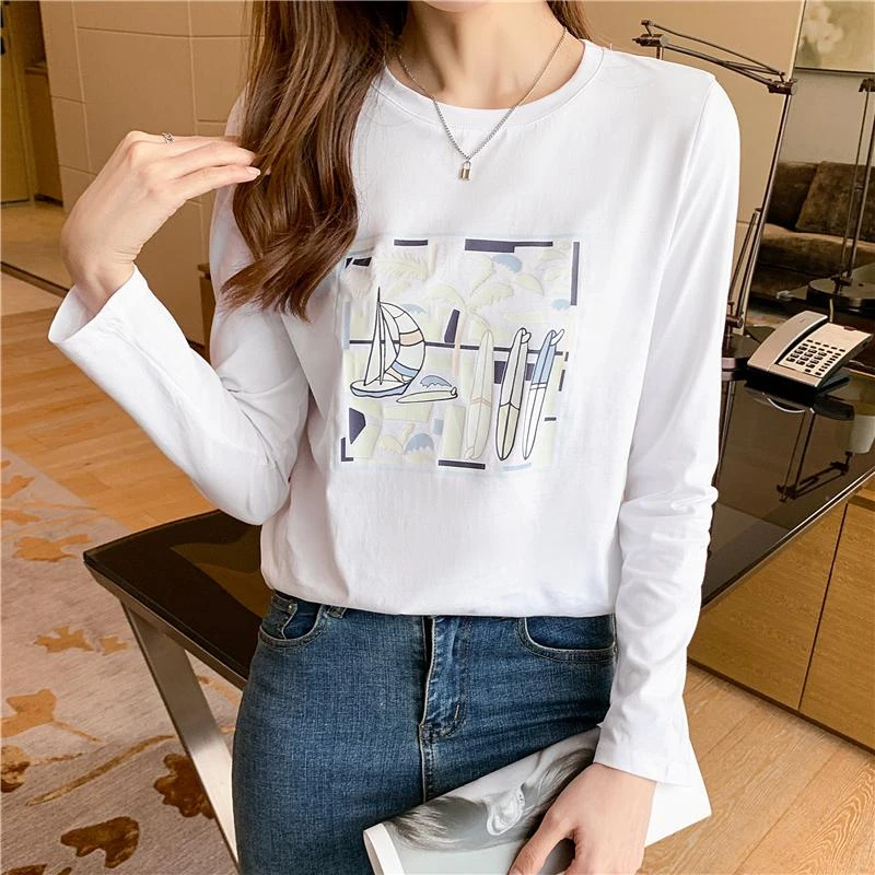 Camiseta de moda informal para mujer, Camisetas estampadas de manga larga con cuello redondo|Camisetas| - AliExpress