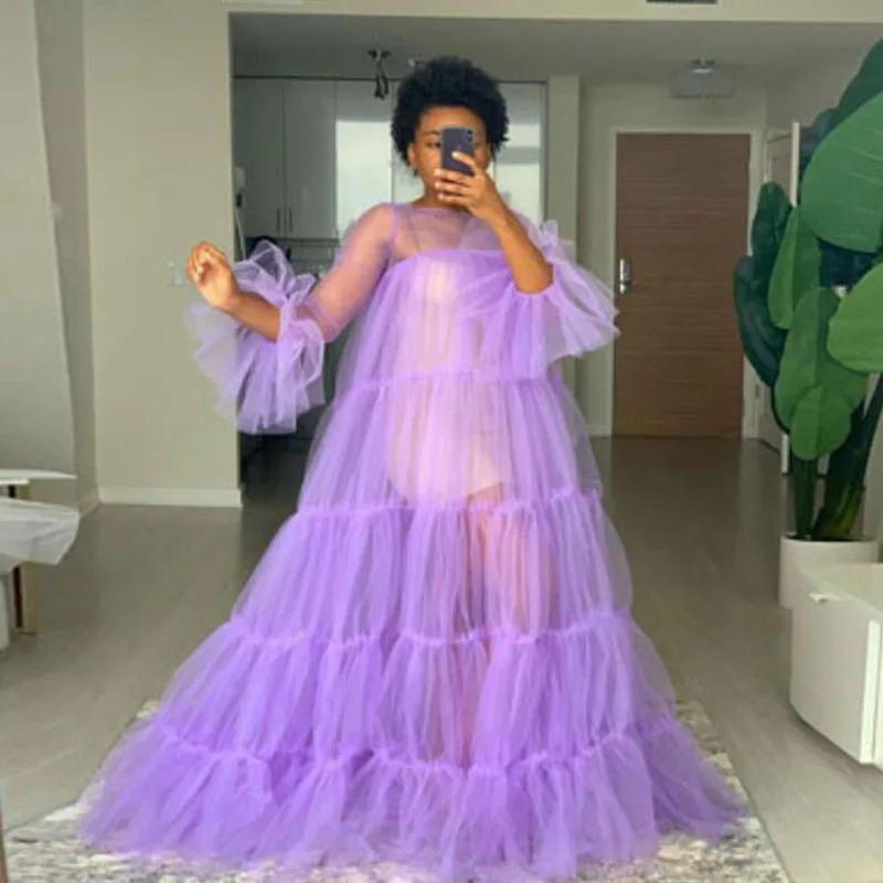 Lavender Tulle Ruffled Dress See Through Long