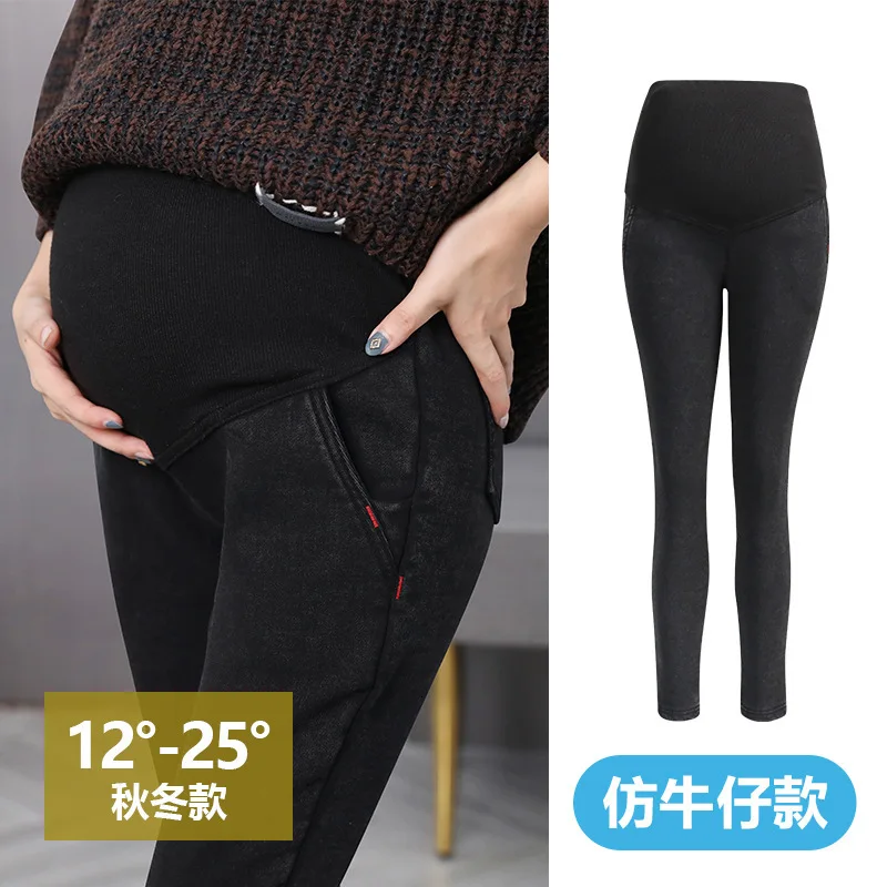 Бархатные брюки для беременных; имитация джинсовой ткани; зимняя модная одежда для беременных; верхняя одежда для беременных; брюки; теплые леггинсы для женщин - Цвет: No velvet snow black