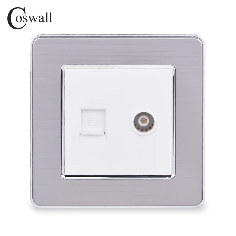 COSWALL RJ45 Интернет данных компьютерный разъем CAT5E разъем с женский ТВ выход нержавеющая сталь матовая панель настенная розетка