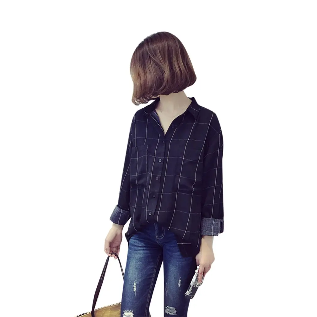 Fashion Women Blouse Turndown Collar Long Sleeve Vintage Plaid Shirt Plus Size Loose Casual Female Tops All-match 1