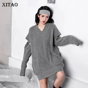 

XITAO Off Shoulder Knitted Sweater Fashion 2019 Winter Pleated V Neck Full Sleeve Elegant Small Fresh Casual Sweater DMY2188