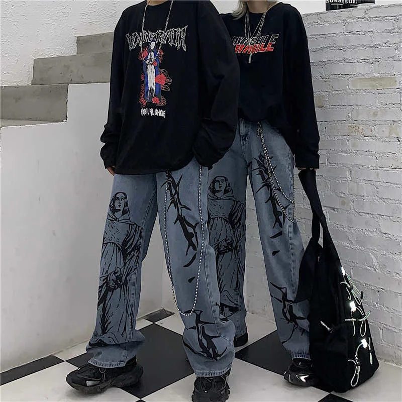 SHENGPALAE 2021 New Summer Fashion Ins Street Hip-hop Printing Wash Jeans Loose Casual Denim Wide Leg Pants Tide Woman ZA4395