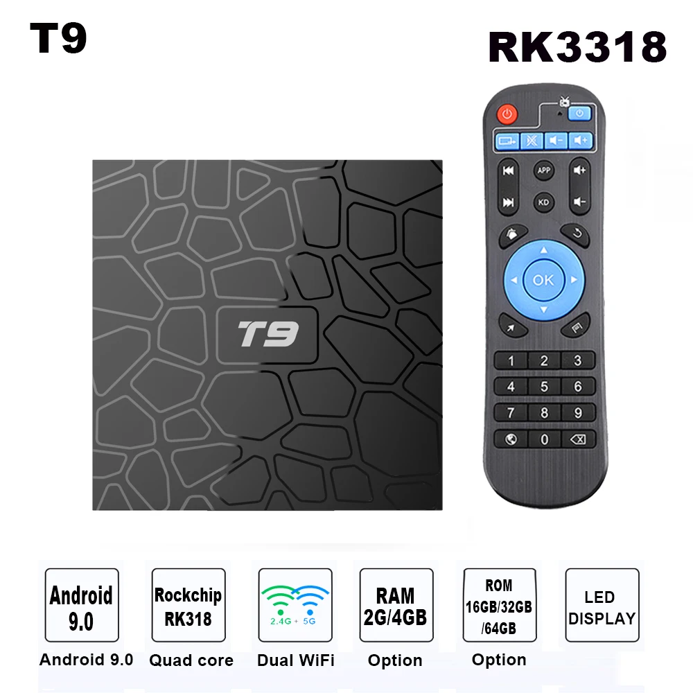

T9 Android 9.0 smart tv box RK3318 Quad core 4GB 32GB 2.4G/5G Dual WiFi Bluetooth set top box iptv box 4800+ live channel subtv