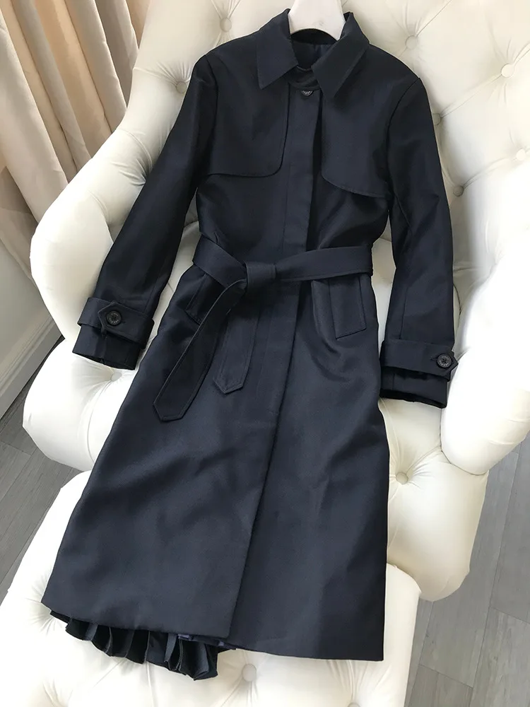 

S Home 19 Autumn And Winter New Style Turn around Stunning Elegant Large Lapel Single-Breasted Pleated Joint Trench Coat Women's