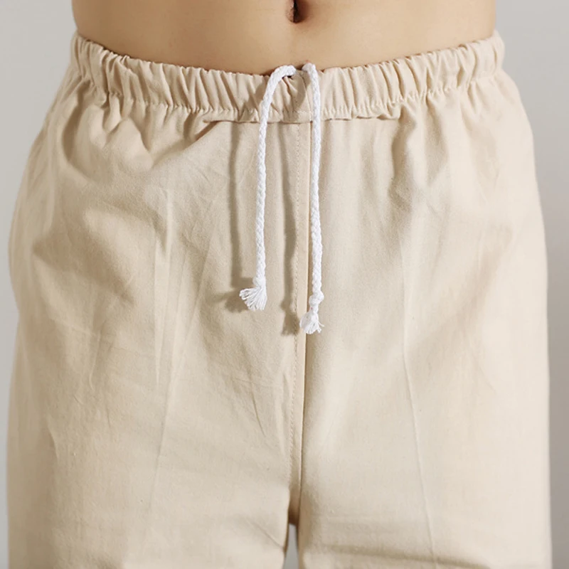 100% хлопок бежевые китайские традиционные мужские брюки кунг фу Wu Shu Tai Chi длинные с