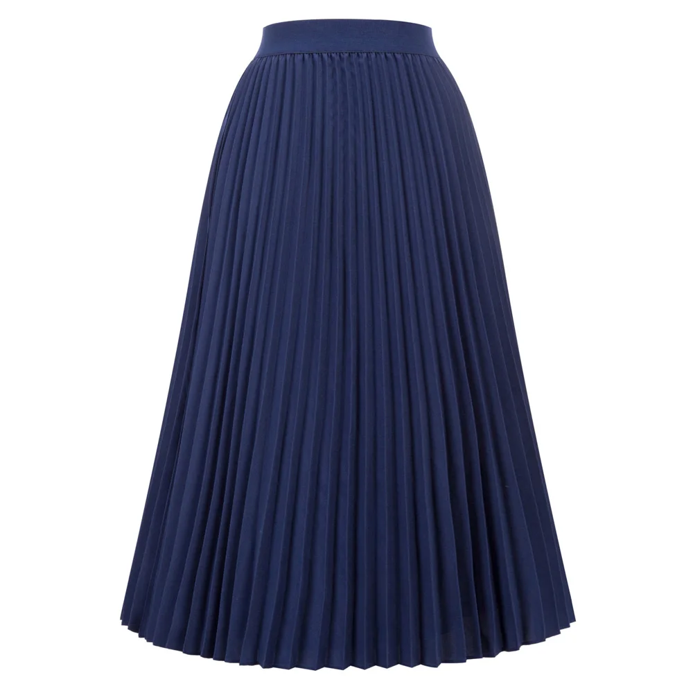 Kate Kasin модная женская плиссированная однотонная длинная эластичная юбка с высокой талией, винтажные Элегантные повседневные вечерние длинные юбки для девушек - Цвет: Navy Blue