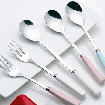 

Stainless Steel Coffee Tableware With Long Handle Ice Cream Dessert Tea Spoon Fork Dinnerware Sets