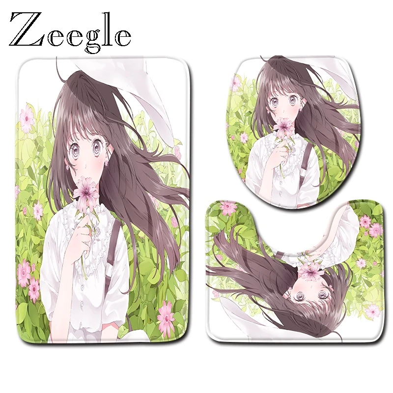 Zeegle Bath Mat Set Anti Slip Toilet Pedestal Rug Polyester Absorbent Toilet Seat Cover Shower Mat for Bathroom 3pcs Toilet Set