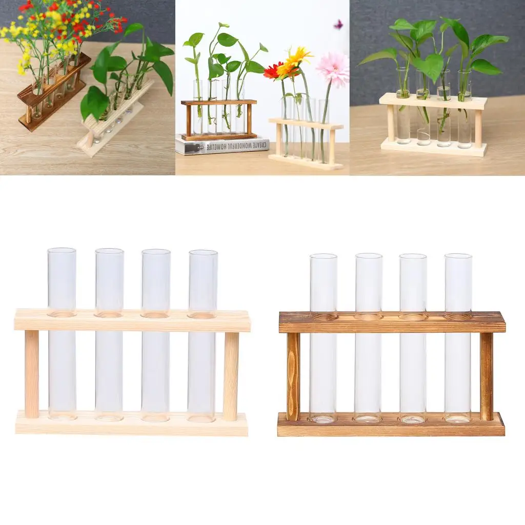 2 Jarrones Hidropónicos De Tubo De Vidrio Con Marco De Madera – Para Plantas Pequeñas, Decoración De Hogar U Oficina