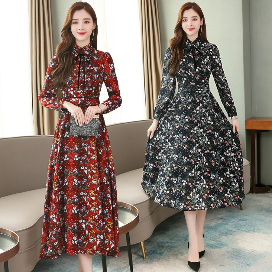 

2019 Vintage Female Red Chiffon Midi Dresses Autumn Winter New 3XL Plus Size Print Long Sleeve Dress Elegant Women Party Vestido