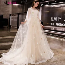 Элегантные платья для выпускного вечера цвета шампанского ES3086 с вышивкой и аппликацией, с круглым вырезом, с короткими рукавами, фатиновые праздничные платья Vestidos Elegantes