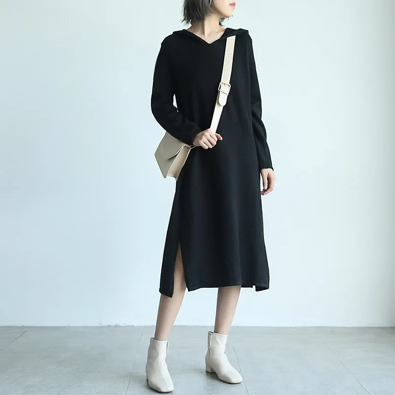 Женское вязаное платье с капюшоном Johnature однотонное Длинное свободное свитер в
