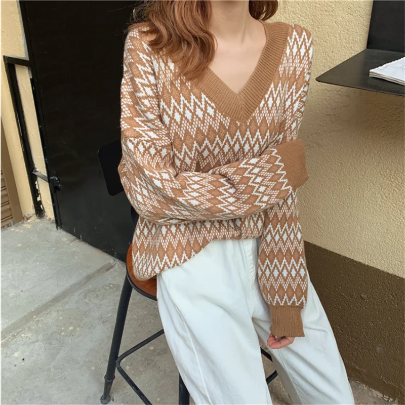 Winter Sweater Women's Plaid Sweater 2020 Spring Fashion Korean Loose V-neck Sweater Autumn Winter Knitted Pullover  Women