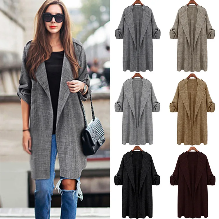 

Long Trench Coat Women Spring Autumn Simple Cardigan Coats Solid Color Plus Size Loose Casual OPen Stitch Ladies Ropa Mujer 5XL
