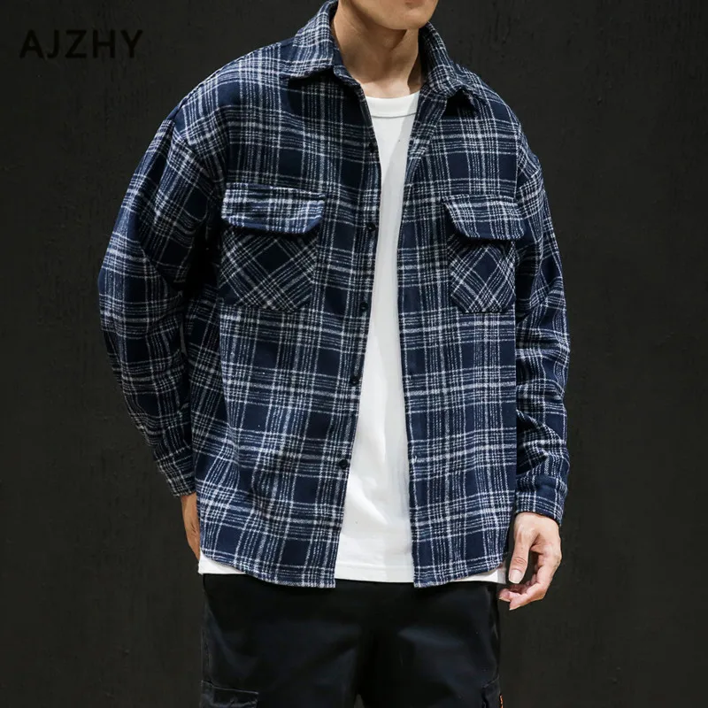 

Flannel Long Sleeve Shirt Men Casual Plaid Striped Japanese Streetwear Harujuku Hip Hop Pocket Jacket Shirt Mens Clothing M-5XL