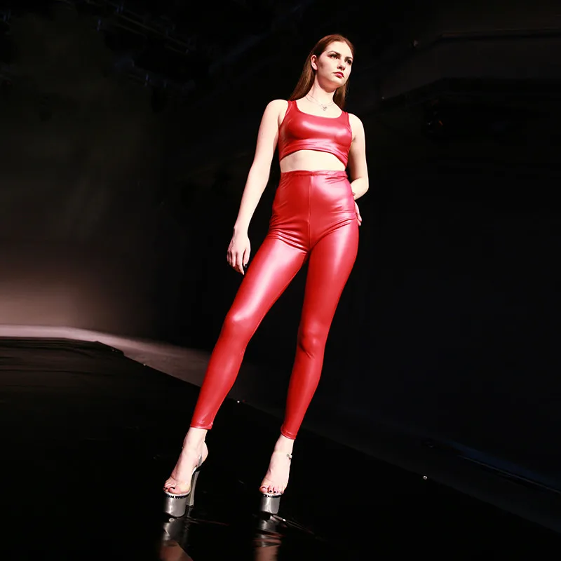 Леггинсы женские из искусственной кожи с завышенной талией эластичные