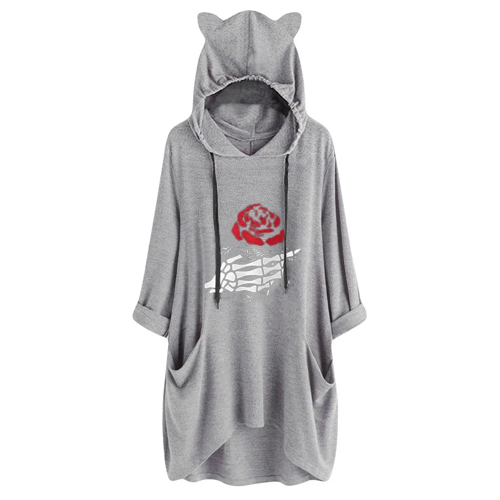 gray 1 Женский джемпер с капюшоном, женские спортивные костюмы, пуловер, топы, повседневные с капюшоном, с длинным рукавом, с принтом кошачьих ушек, с карманом, рубашка, несимметричный пуловер - Цвет: gray 1