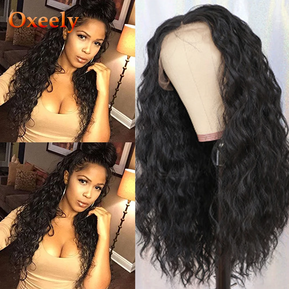 

Oxeely 13x6 Long Curly Lace Front Wigs Black Color Wig Heat Resistant Loose Curls Synthetic Lace Front Wigs for Fashion Women