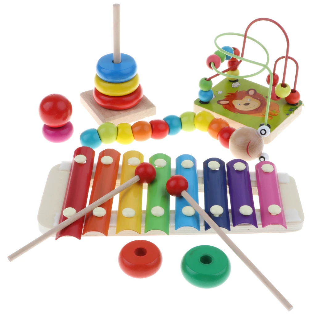 Set of 4Pcs Wooden Montessori Development for baby - Percussion Xylophone Round Bead Rollercoaster Sensory Teaching Aids Toy #A