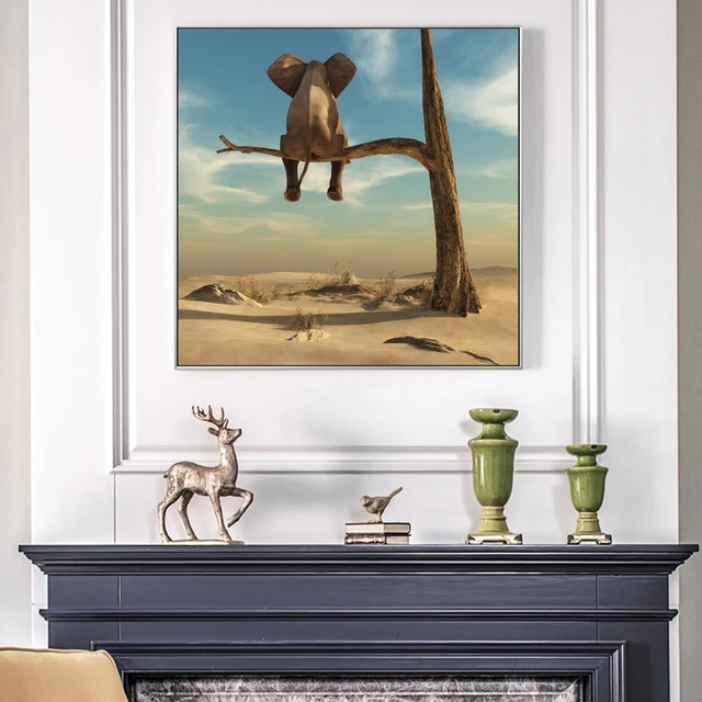 Elephant Sits On Tree Branch Surrealism Painting Printed on Canvas 2