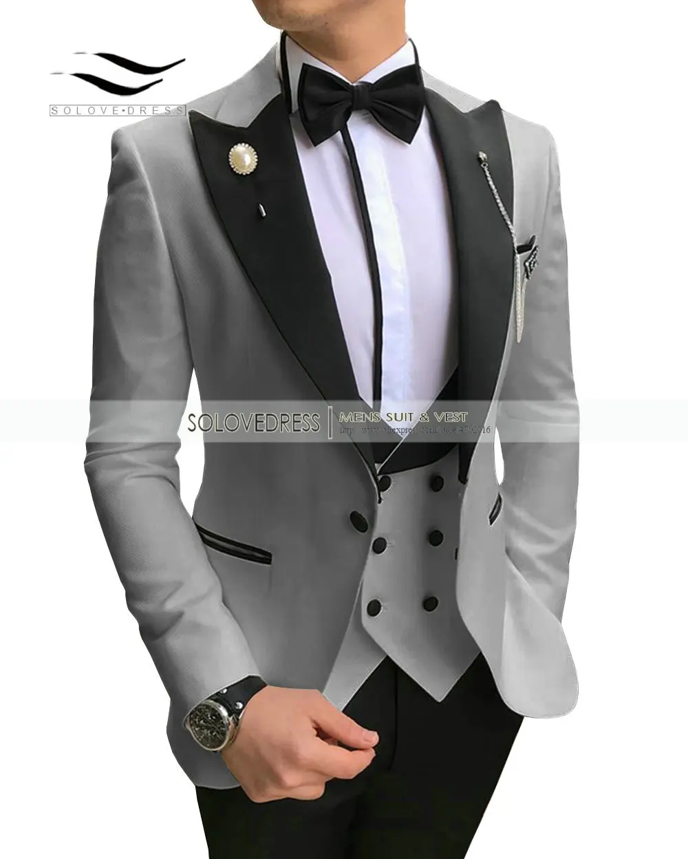 Silver Grey Solovedress 3 шт. мужской деловой костюм одежда Slim Fit смокинг жених двубортный жилет куртка Tux брюки пик лацкане Мода M21 - Цвет: Silver Grey