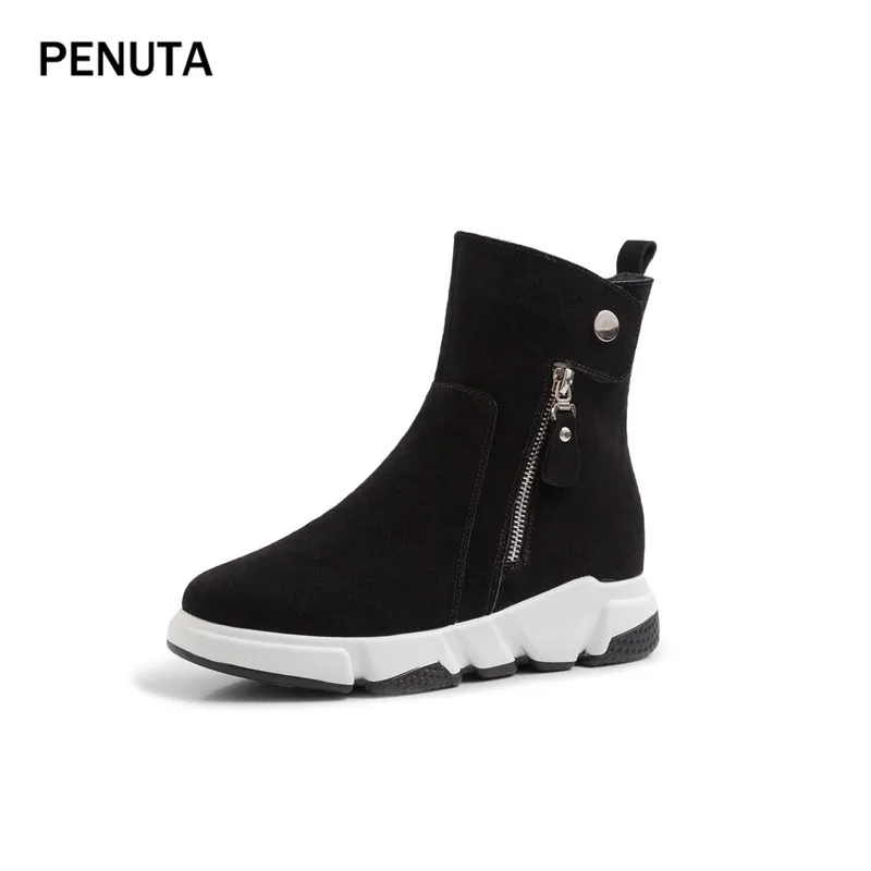 PENUTA Fur Boots Women Black Suede Leather Ladies Winter Warm Shoes Zipper Up Casual Boots Newest Fashion Designer PD998